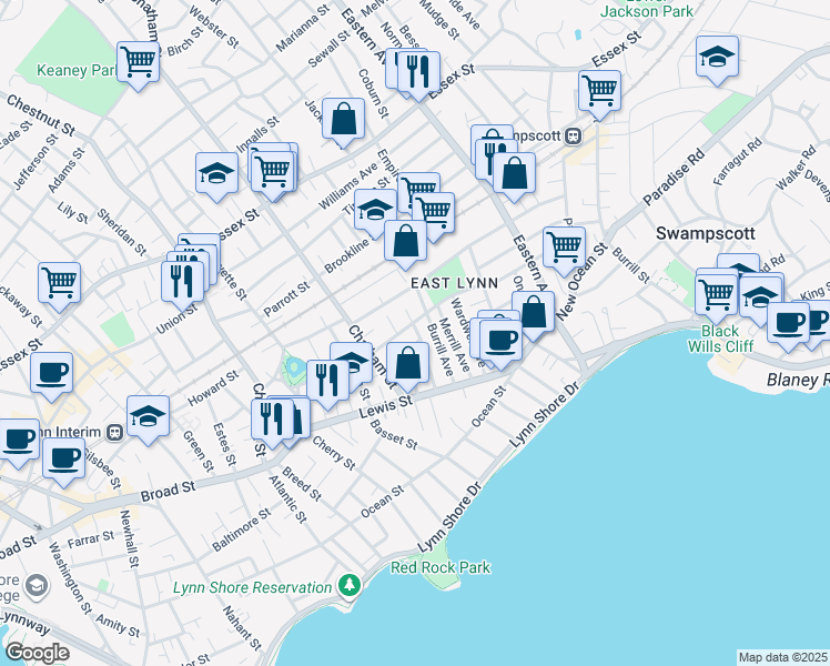 map of restaurants, bars, coffee shops, grocery stores, and more near 50 Phillips Avenue in Lynn