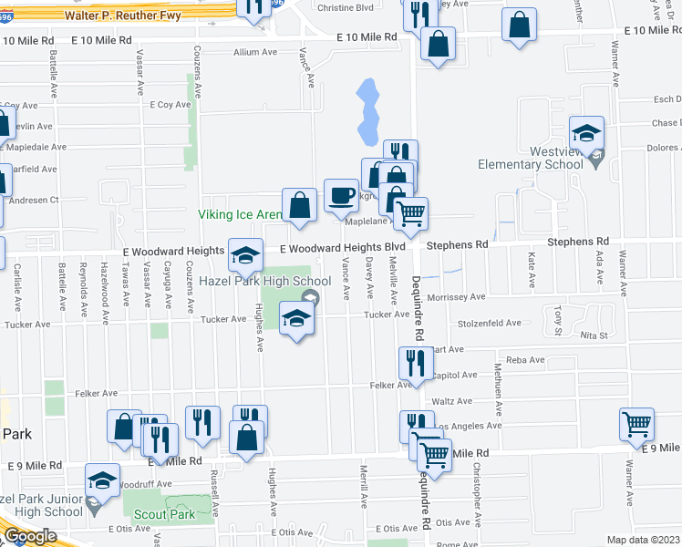 map of restaurants, bars, coffee shops, grocery stores, and more near 23807 Vance Avenue in Hazel Park