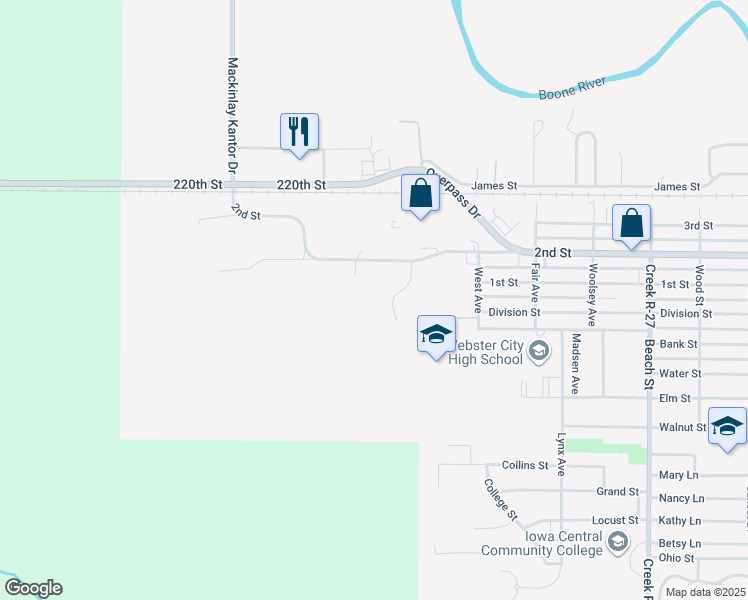 map of restaurants, bars, coffee shops, grocery stores, and more near 1812 2nd Street in Webster City