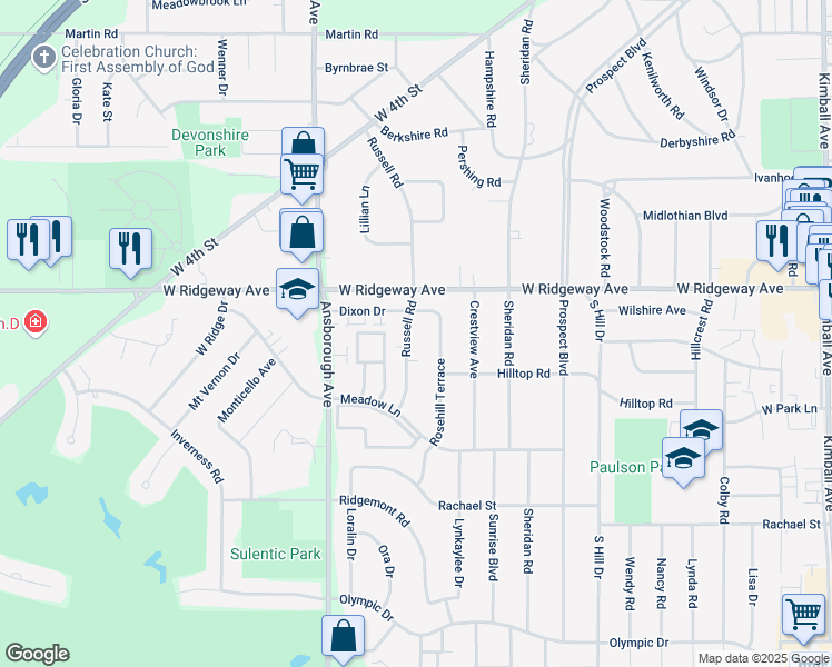 map of restaurants, bars, coffee shops, grocery stores, and more near 721 Russell Road in Waterloo