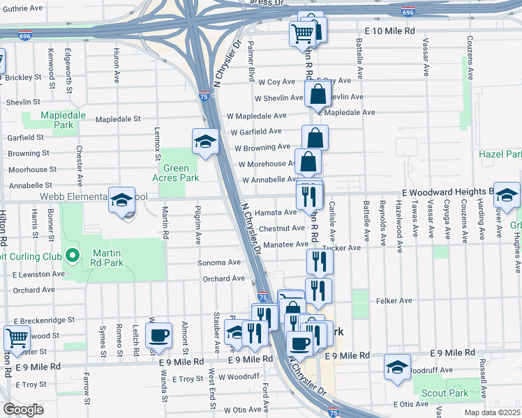 map of restaurants, bars, coffee shops, grocery stores, and more near 344 Hamata Avenue in Hazel Park