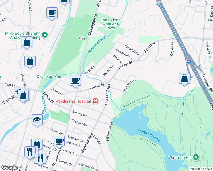 map of restaurants, bars, coffee shops, grocery stores, and more near 151 Forest Street in Winchester