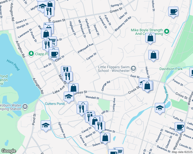 map of restaurants, bars, coffee shops, grocery stores, and more near 33 Arlington Street in Woburn