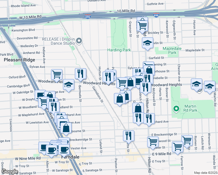 map of restaurants, bars, coffee shops, grocery stores, and more near 790 Woodward Heights in Ferndale