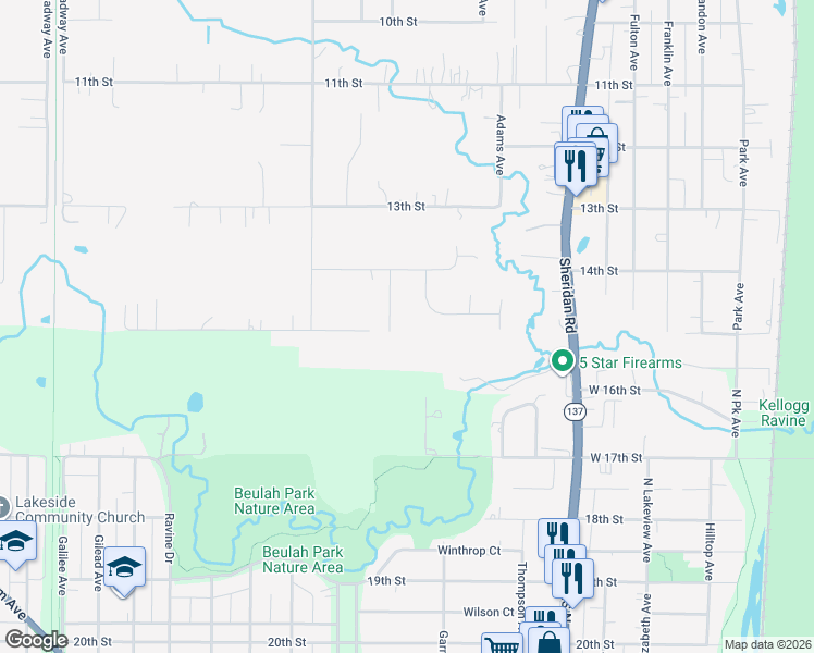 map of restaurants, bars, coffee shops, grocery stores, and more near 1423 April Lane in Winthrop Harbor