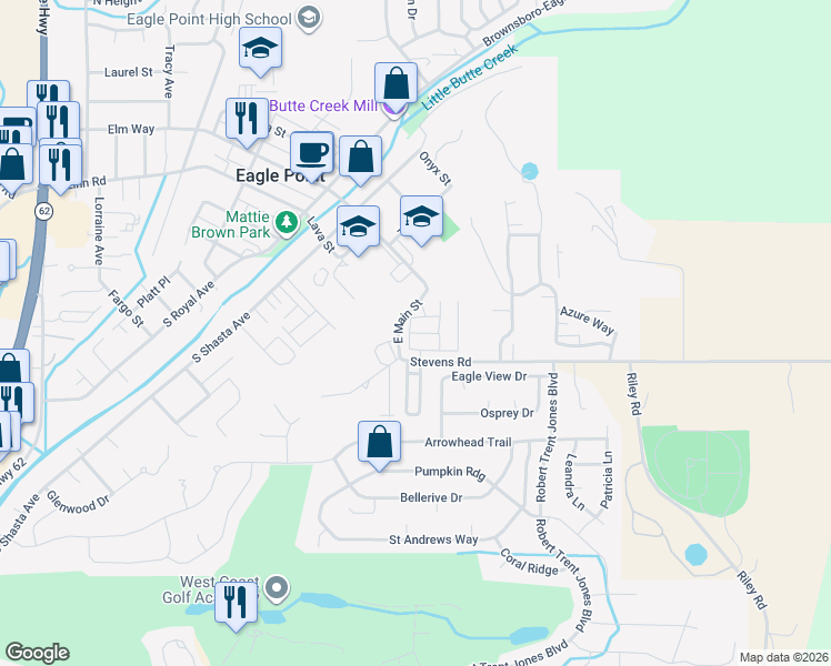 map of restaurants, bars, coffee shops, grocery stores, and more near 421 Stevens Road in Eagle Point
