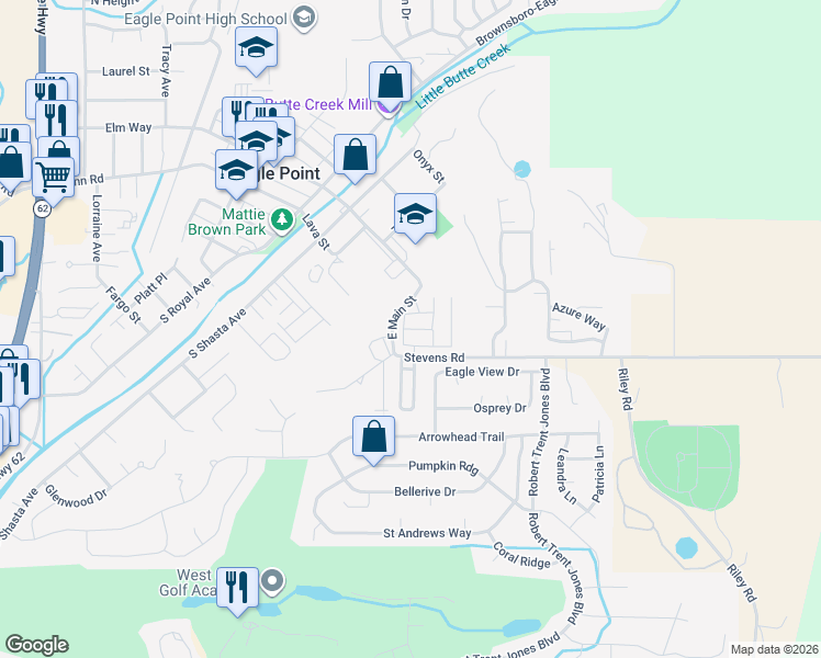 map of restaurants, bars, coffee shops, grocery stores, and more near 421 Stevens Road in Eagle Point