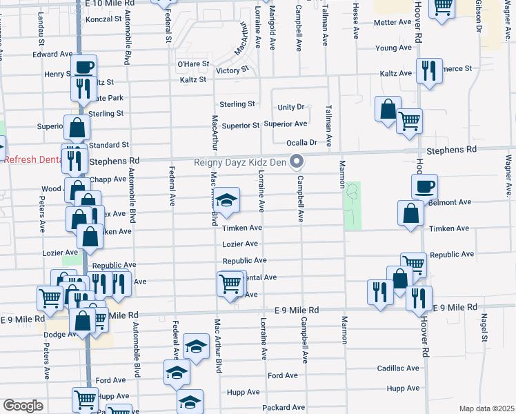 map of restaurants, bars, coffee shops, grocery stores, and more near 8716 Essex Avenue in Warren