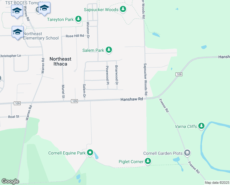 map of restaurants, bars, coffee shops, grocery stores, and more near 121 Birchwood Drive in Ithaca