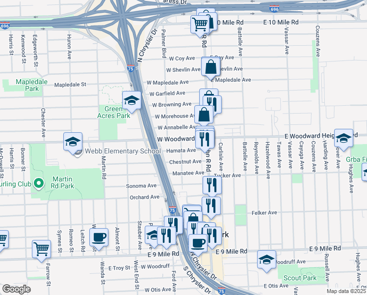 map of restaurants, bars, coffee shops, grocery stores, and more near 94 Hamata Avenue in Hazel Park