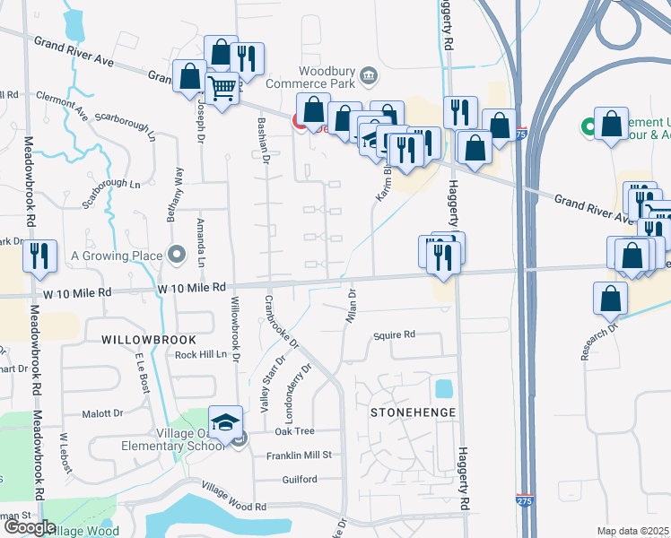 map of restaurants, bars, coffee shops, grocery stores, and more near 40000 West 10 Mile Road in Novi