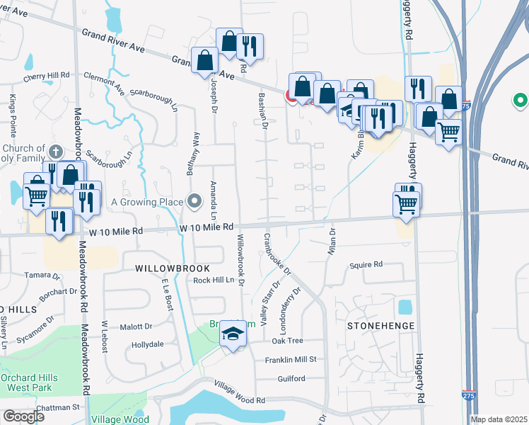 map of restaurants, bars, coffee shops, grocery stores, and more near 24240 Bashian Drive in Novi