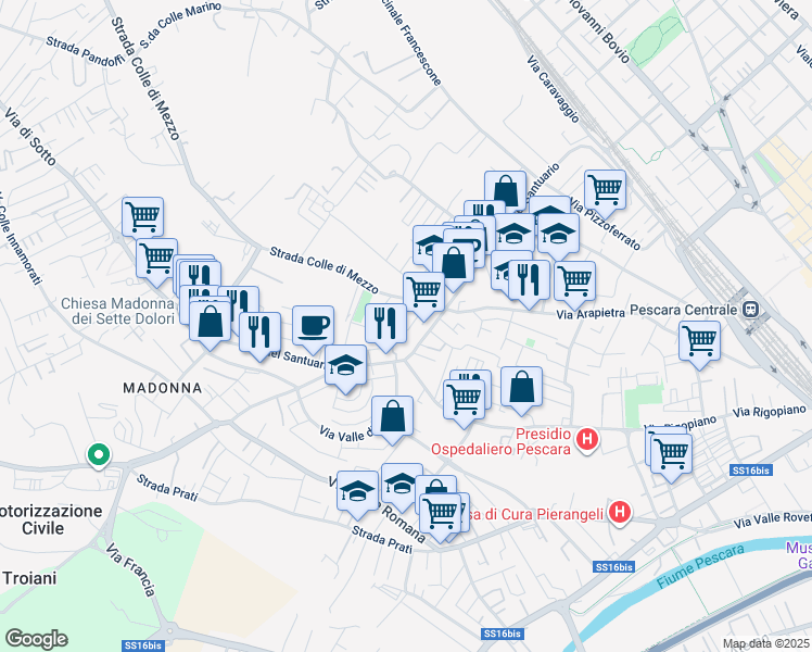 map of restaurants, bars, coffee shops, grocery stores, and more near 8 Via Colle di Vallevona in Pescara
