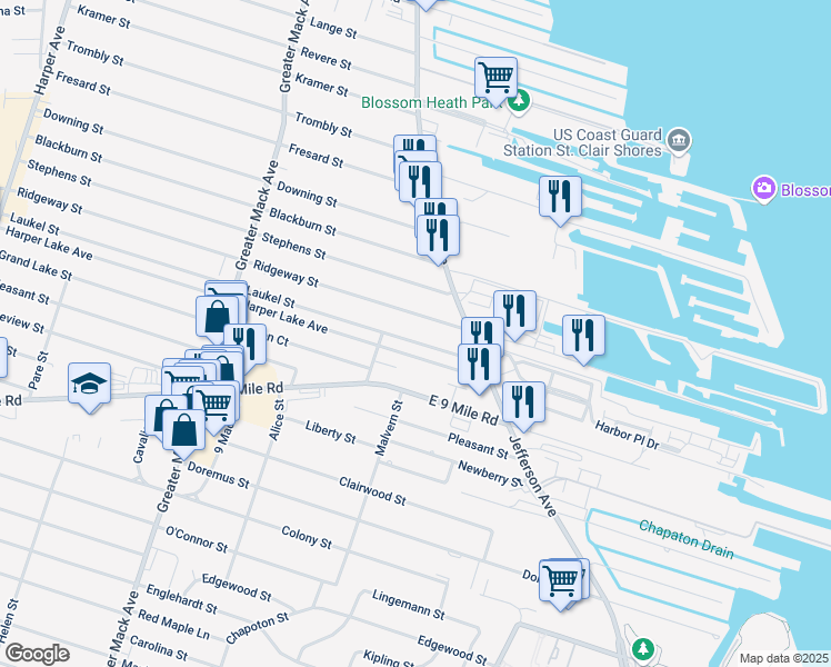 map of restaurants, bars, coffee shops, grocery stores, and more near 22709 Harper Lake Avenue in St. Clair Shores