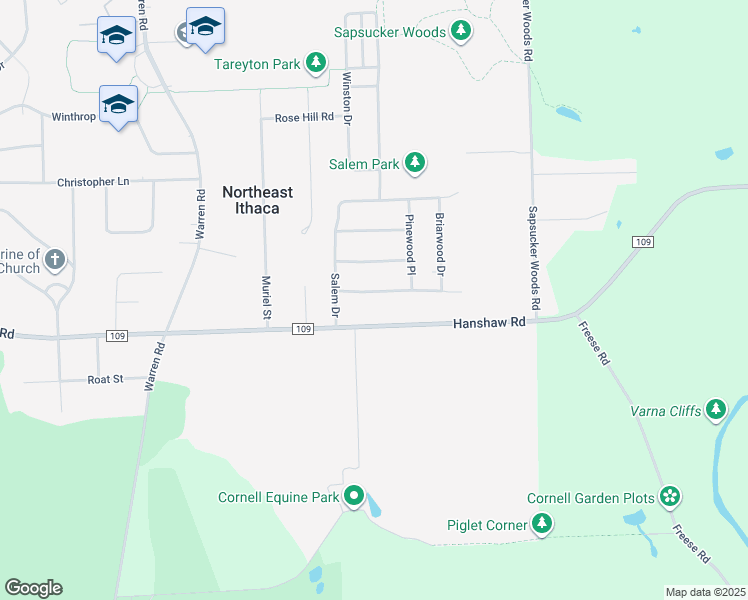 map of restaurants, bars, coffee shops, grocery stores, and more near 107 Birchwood Drive in Ithaca