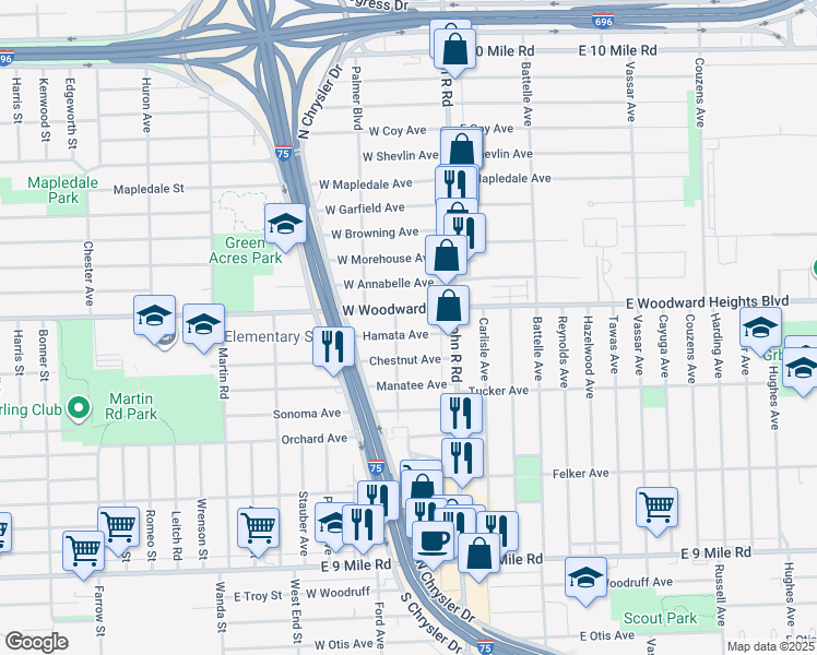 map of restaurants, bars, coffee shops, grocery stores, and more near 94 Hamata Avenue in Hazel Park