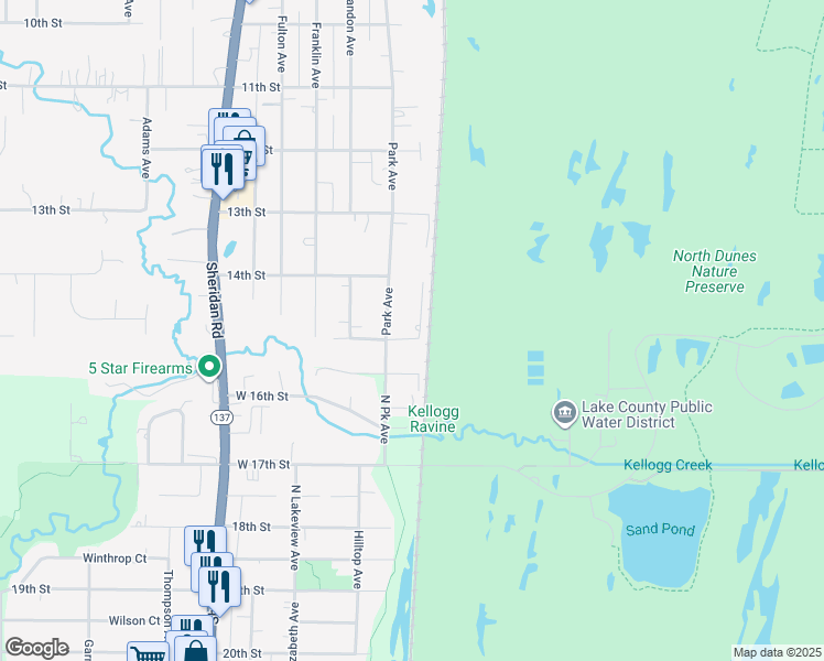 map of restaurants, bars, coffee shops, grocery stores, and more near 1440 East Road in Winthrop Harbor