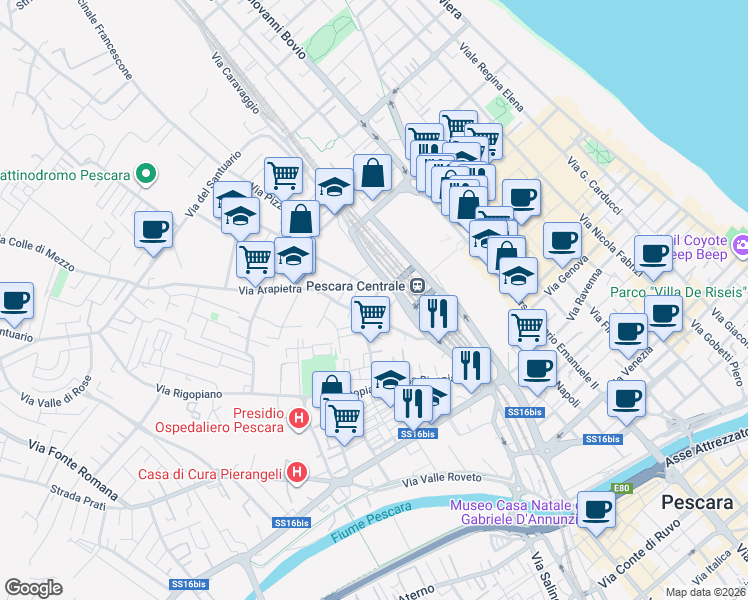 map of restaurants, bars, coffee shops, grocery stores, and more near 5 Via Fucino in Pescara