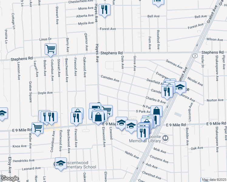 map of restaurants, bars, coffee shops, grocery stores, and more near 15112 Charles R Avenue in Eastpointe