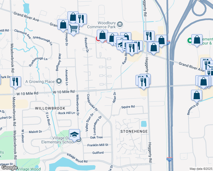 map of restaurants, bars, coffee shops, grocery stores, and more near 40000 West 10 Mile Road in Novi