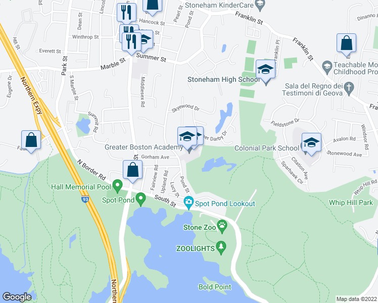 map of restaurants, bars, coffee shops, grocery stores, and more near 108 Pond Street in Stoneham