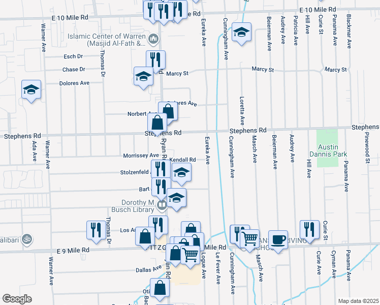 map of restaurants, bars, coffee shops, grocery stores, and more near 4273 Kendall Road in Warren