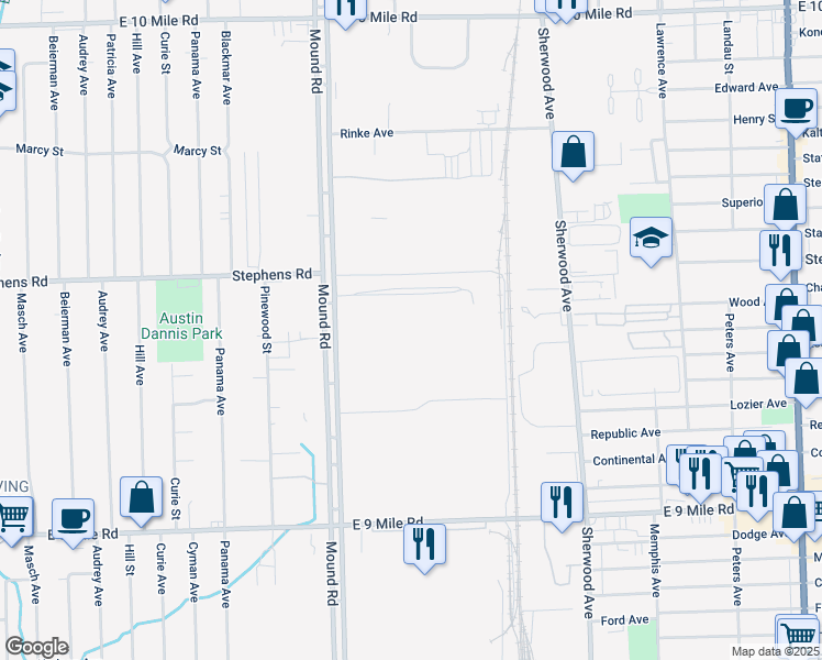 map of restaurants, bars, coffee shops, grocery stores, and more near 23500 Mound Road in Warren