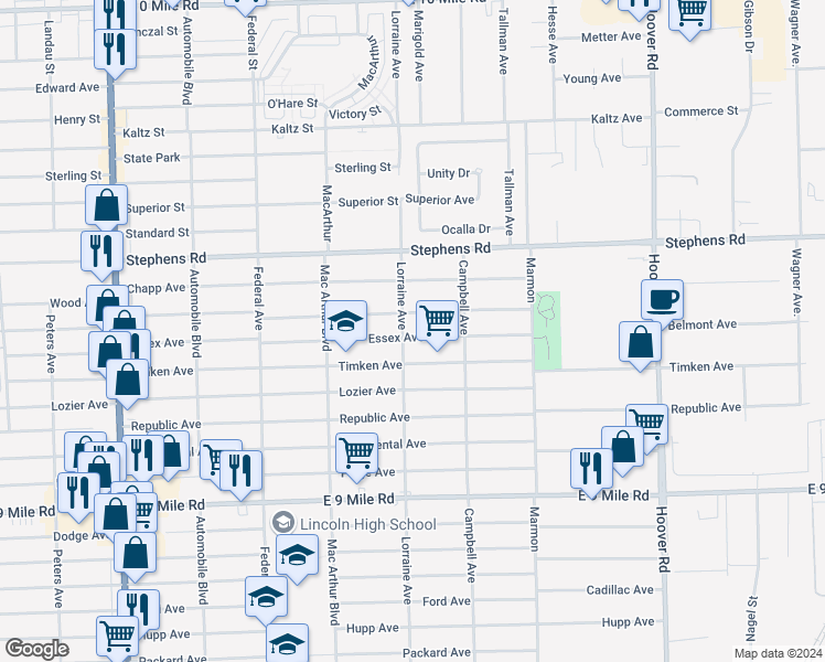 map of restaurants, bars, coffee shops, grocery stores, and more near 11011 Essex Avenue in Warren