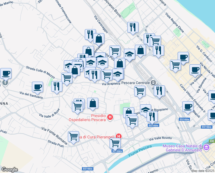 map of restaurants, bars, coffee shops, grocery stores, and more near 99 Via Passo della Portella in Pescara
