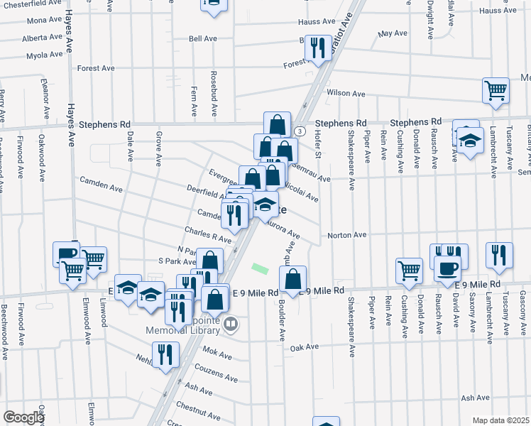 map of restaurants, bars, coffee shops, grocery stores, and more near 23200 Michigan 3 in Eastpointe