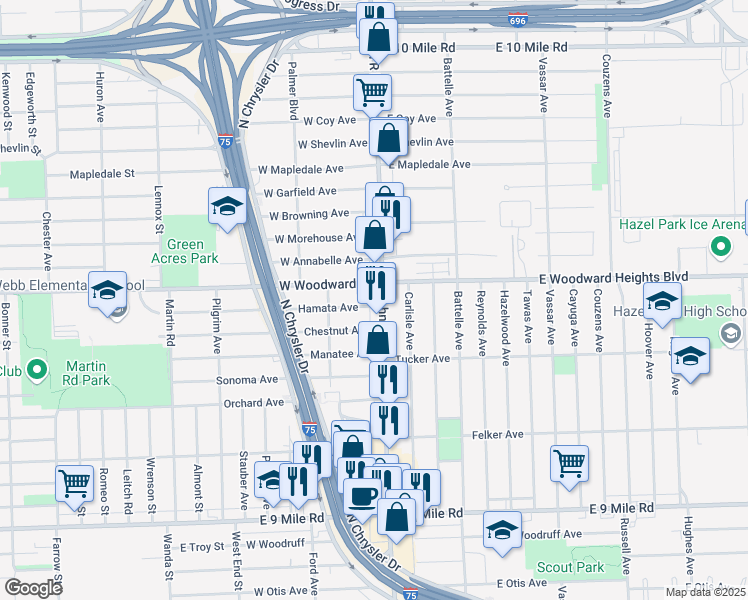 map of restaurants, bars, coffee shops, grocery stores, and more near 23919 John R Road in Hazel Park