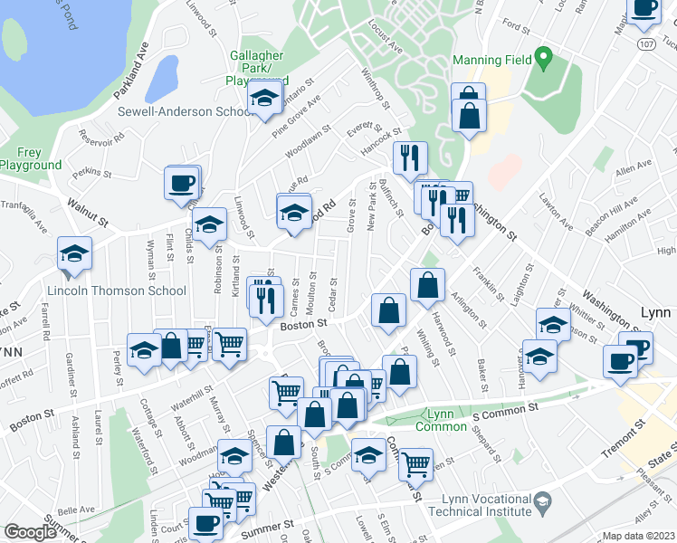 map of restaurants, bars, coffee shops, grocery stores, and more near 53 Cedar Street in Lynn