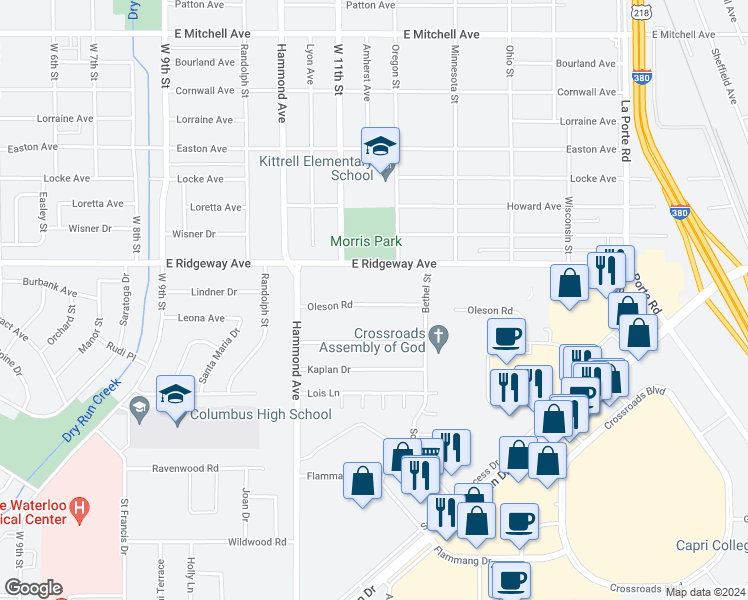 map of restaurants, bars, coffee shops, grocery stores, and more near 1133 Oleson Road in Waterloo