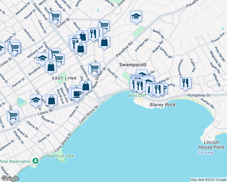 map of restaurants, bars, coffee shops, grocery stores, and more near 44 Humphrey Street in Swampscott