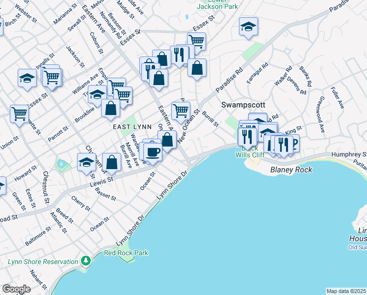 map of restaurants, bars, coffee shops, grocery stores, and more near in Lynn