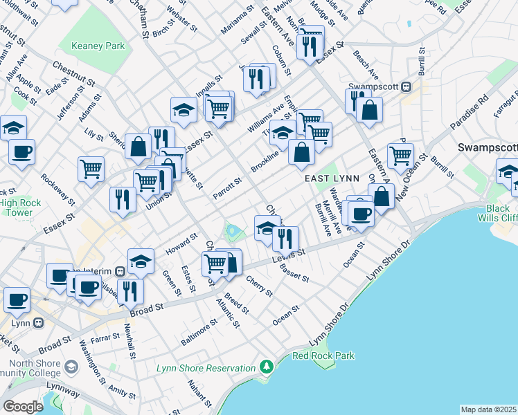 map of restaurants, bars, coffee shops, grocery stores, and more near 14 Bloomfield Street in Lynn