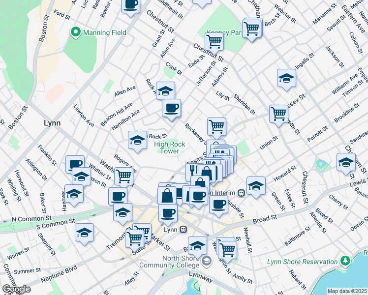 map of restaurants, bars, coffee shops, grocery stores, and more near 17 Hutchinsons Court in Lynn
