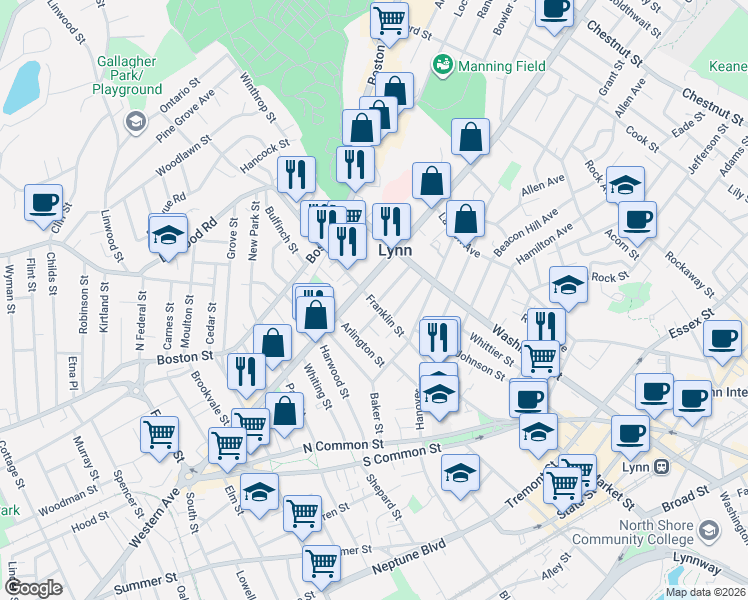 map of restaurants, bars, coffee shops, grocery stores, and more near 121 Franklin Street in Lynn