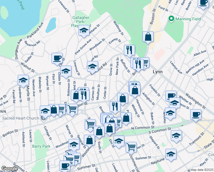 map of restaurants, bars, coffee shops, grocery stores, and more near 44 Cedar Street in Lynn
