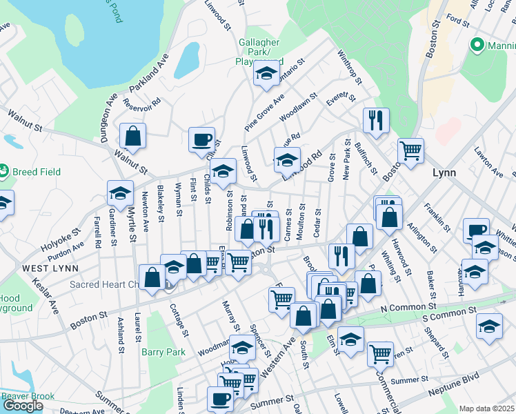 map of restaurants, bars, coffee shops, grocery stores, and more near 48 North Federal Street in Lynn
