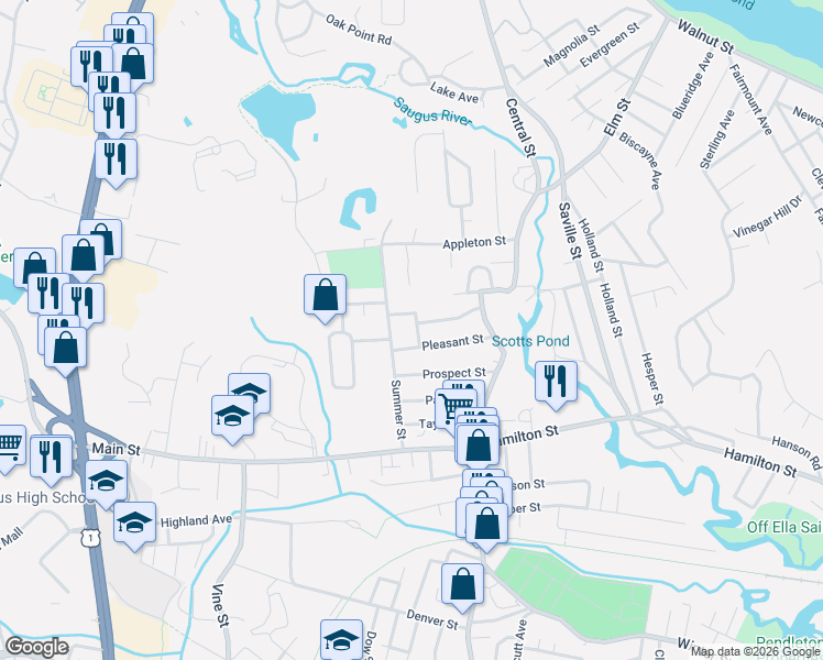 map of restaurants, bars, coffee shops, grocery stores, and more near 33 Pleasant Street in Saugus