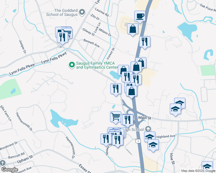map of restaurants, bars, coffee shops, grocery stores, and more near 1803 Founders Way in Saugus
