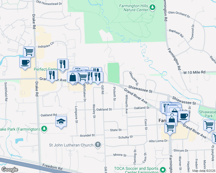 map of restaurants, bars, coffee shops, grocery stores, and more near 24015 Pickett Street in Farmington