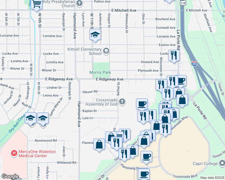 map of restaurants, bars, coffee shops, grocery stores, and more near 1213 Oleson Road in Waterloo