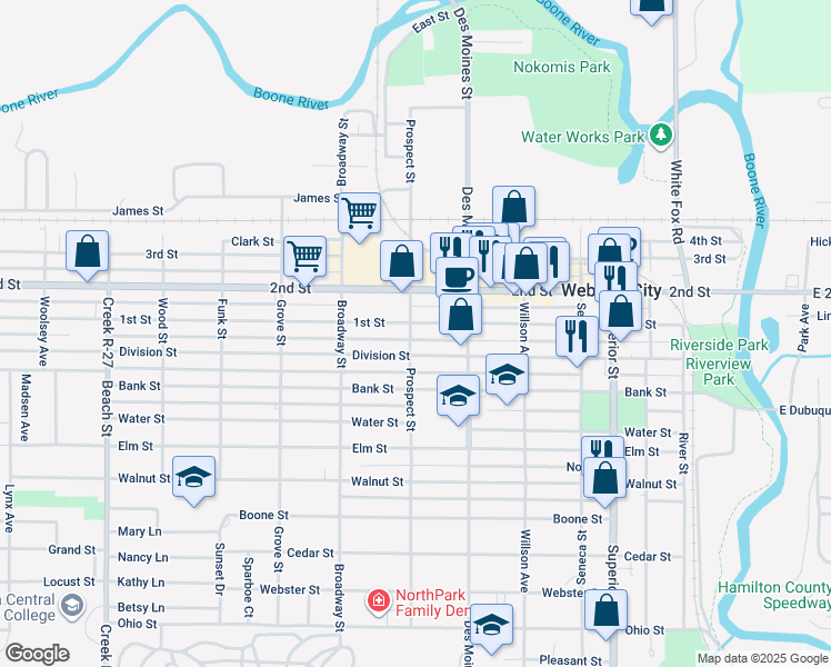 map of restaurants, bars, coffee shops, grocery stores, and more near 745 Division Street in Webster City