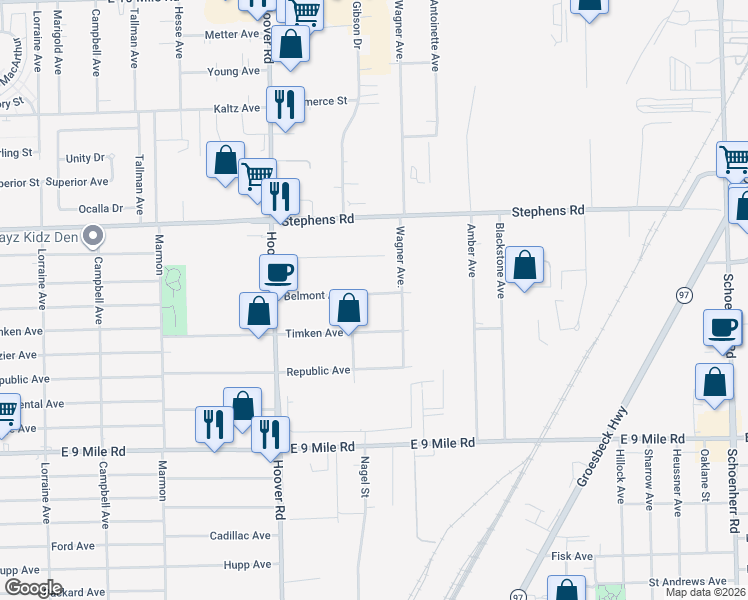 map of restaurants, bars, coffee shops, grocery stores, and more near 12146 Belmont Avenue in Warren
