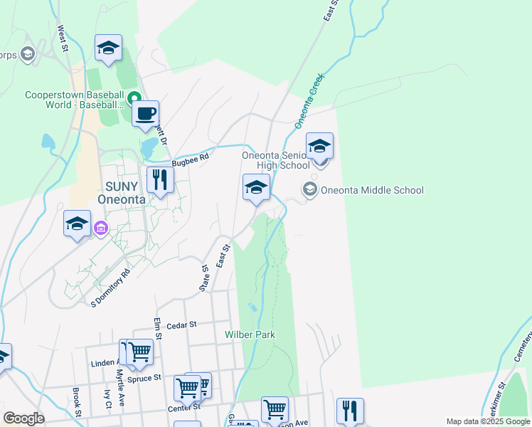 map of restaurants, bars, coffee shops, grocery stores, and more near 130 East Street in Oneonta