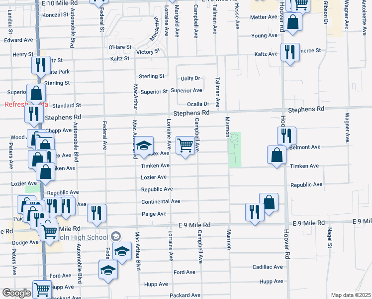 map of restaurants, bars, coffee shops, grocery stores, and more near 11067 Essex Avenue in Warren