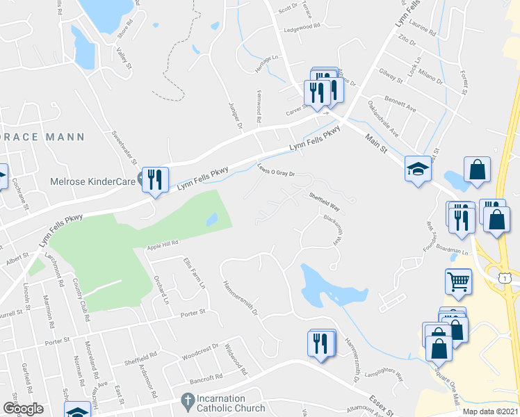 map of restaurants, bars, coffee shops, grocery stores, and more near 2304 Lewis O Gray Drive in Saugus