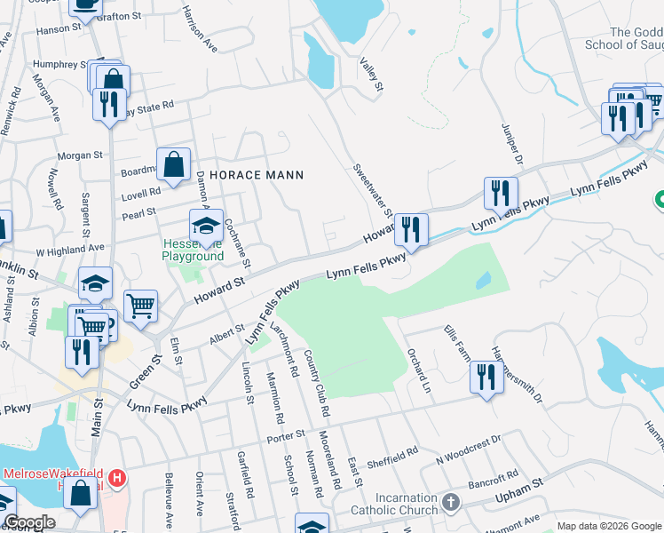 map of restaurants, bars, coffee shops, grocery stores, and more near 760 Lynn Fells Parkway in Melrose